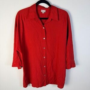 J‎ Jill Womens M Red Silk 3/4 Sleeve Collared Button Down Shirt Top Bold Classic